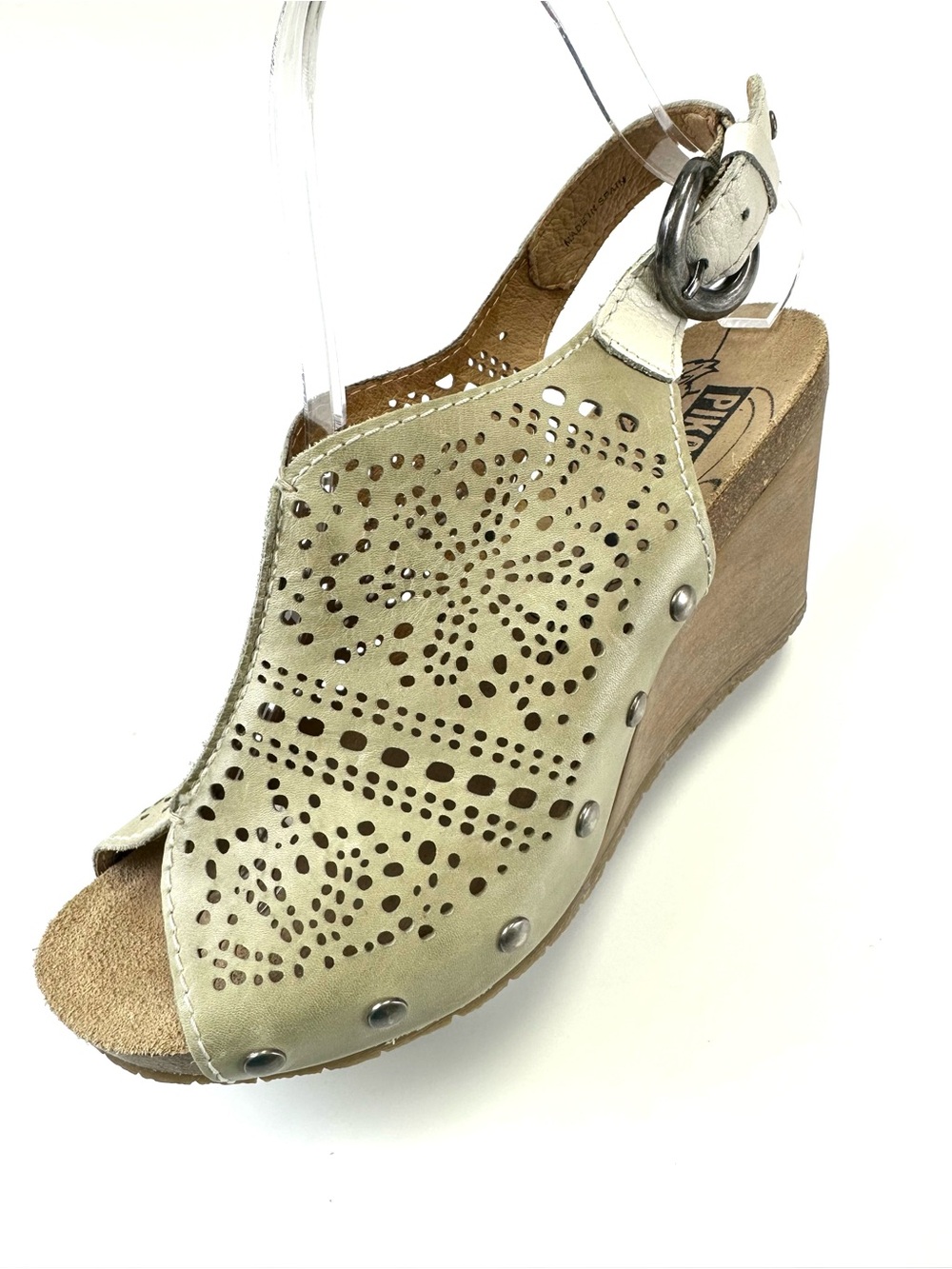Pikolinos Cream Leather Laser Cut Wedge Sandals Slingback Boho Size 38 Neutral
